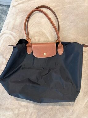 Longchamp Black Tote with Brown Leather Trim